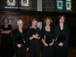 Brittany tour, July 2005, before Quimper cathedral concert - the tenors! (from left: Stella, Anne, Sally, Susie, Lucy)